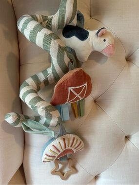 Itzy Ritzy Green and White Striped Stroller Spiral with Farm Animal and Teether